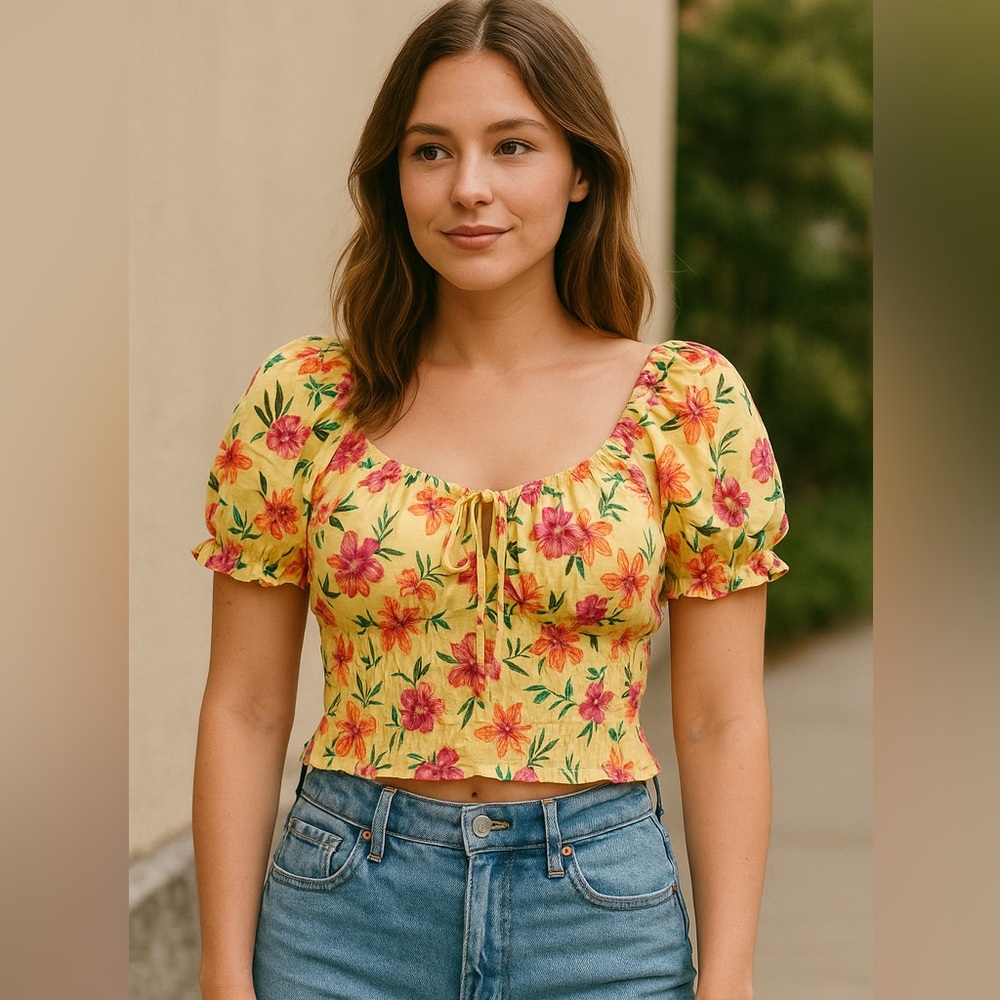 No Boundaries Junior Girl Medium M Floral Puff Sleeve Smocked Crop Top Yellow